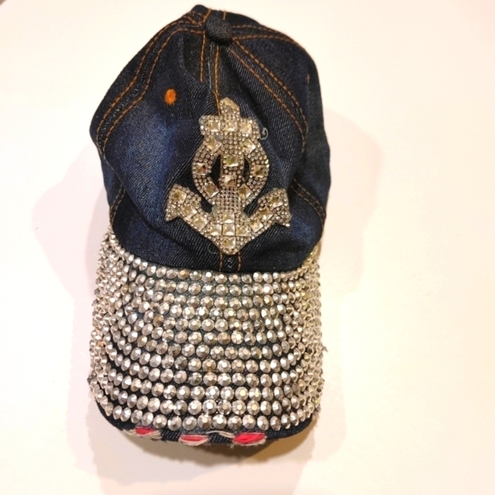 Vintage Lucky 7 Jean and Bling Distressed Adjustable ballcap Rhinestone